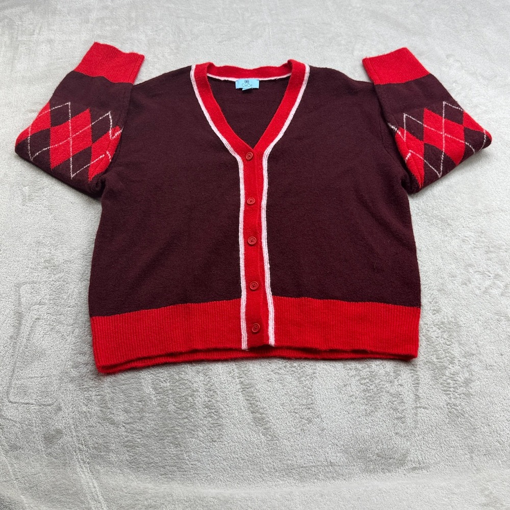 CeCe Cardigan Sweater Womens L Burgundy Red Argyle Colorblock Preppy Grandmacore